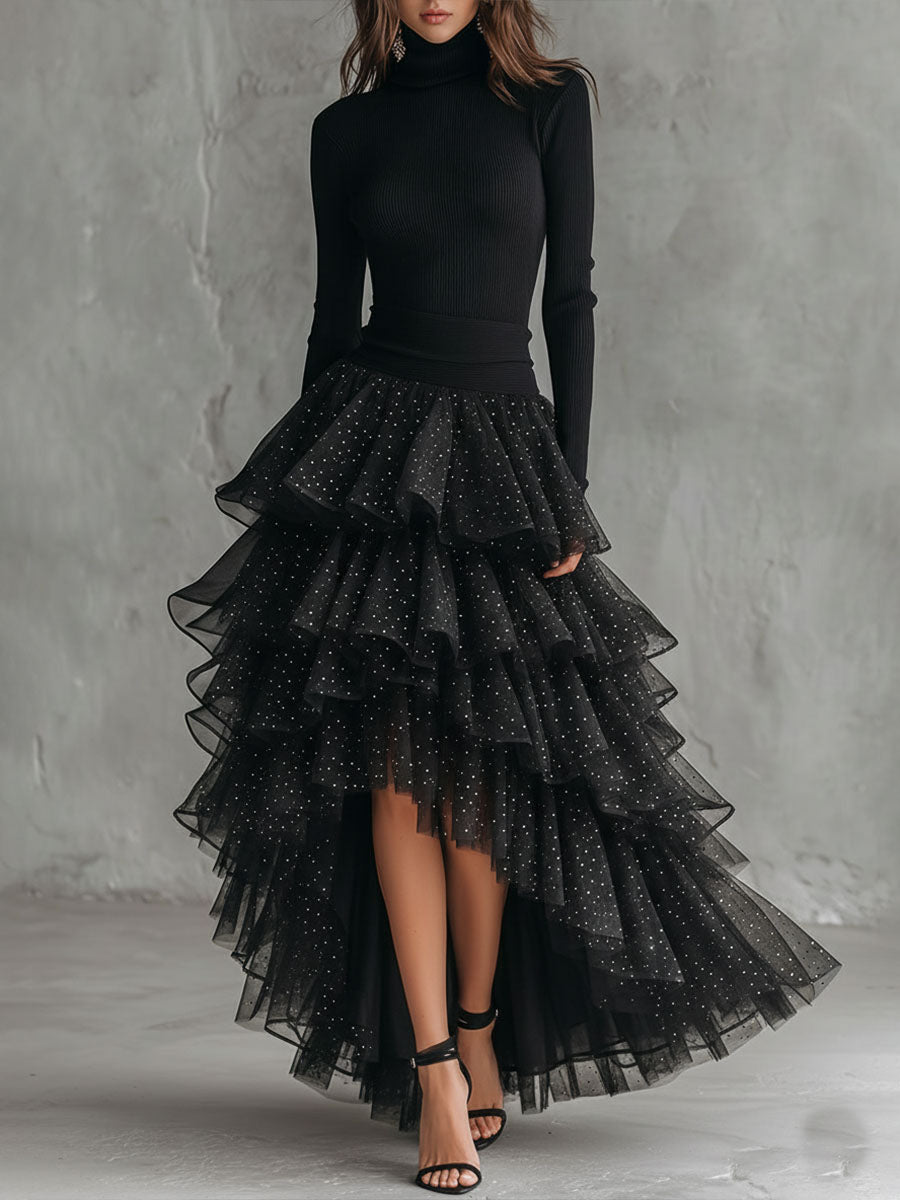 Asymmetric Sparkling Black Ruffled Mesh Layered Tulle Maxi Dress