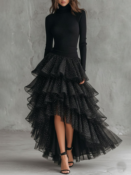 Asymmetric Sparkling Black Ruffled Mesh Layered Tulle Maxi Dress
