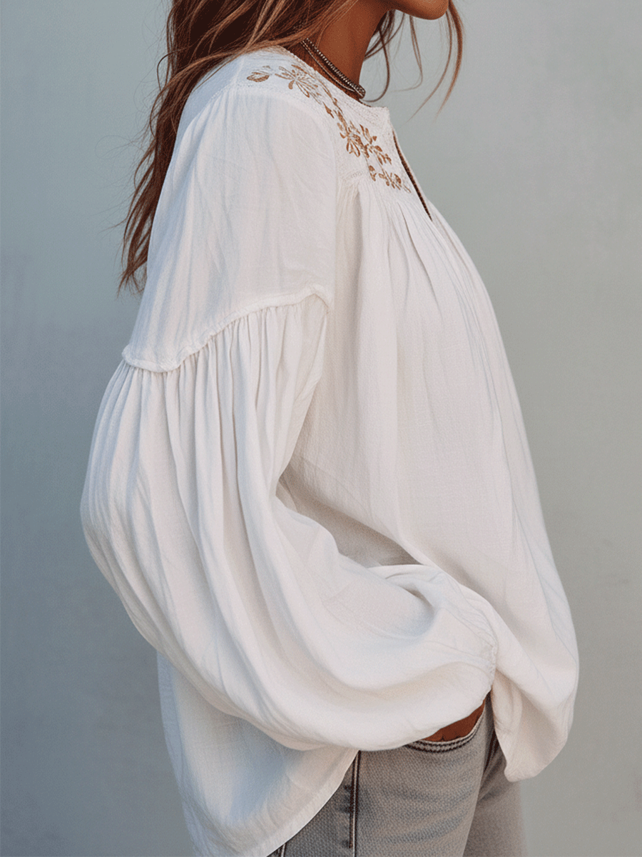 Boho White Embroidered Cotton Long Sleeve Blouse