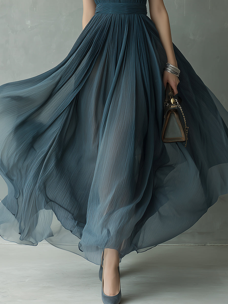 Retro Pleated Chiffon Keyhole Collar Maxi Dress