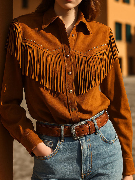 Boho Chic Brown Fringe Shirt With Buttons