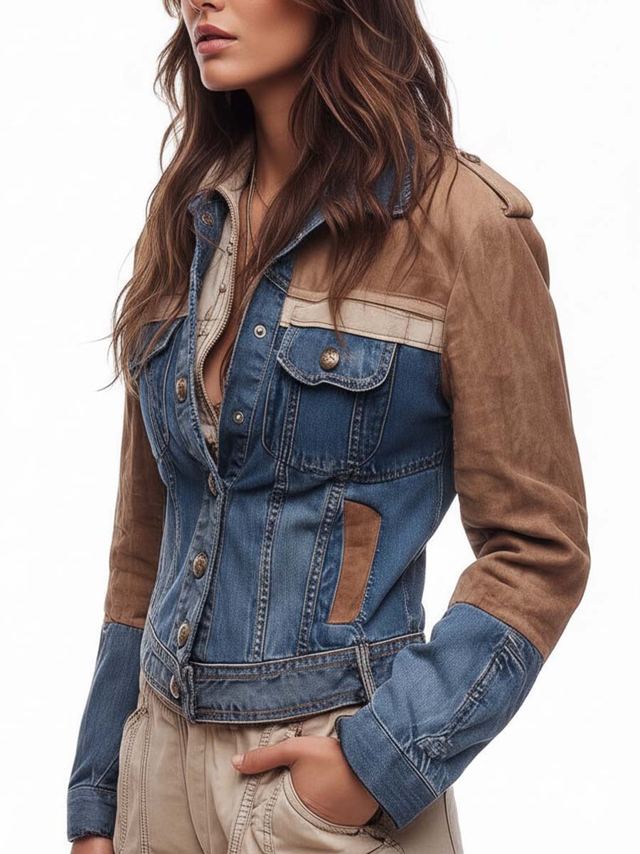 Color-Block Denim And Suede Moto Jacket