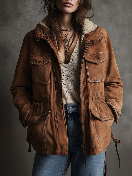 Retro Eco-friendly Suede And Sherpa Patchwork Work Pocket Jacket