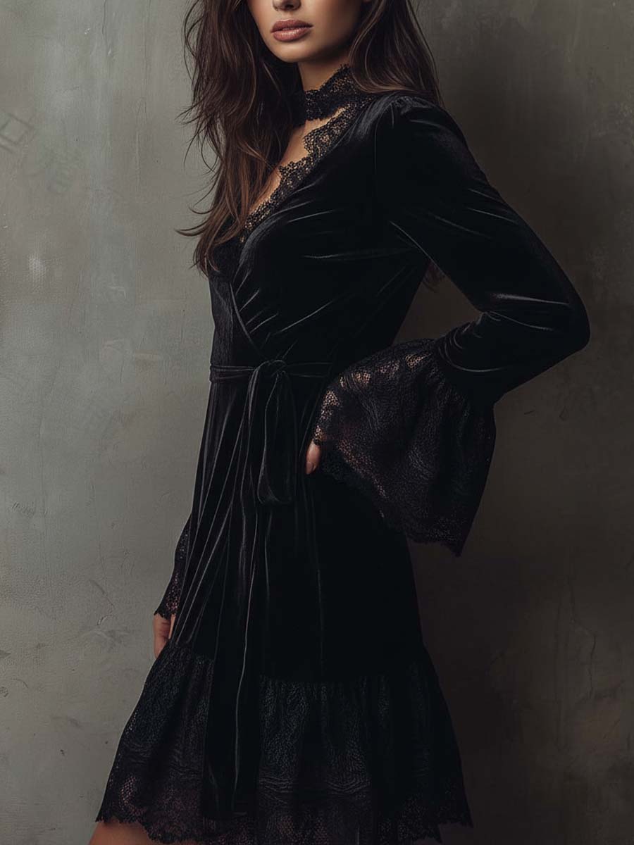 Black Velvet Lace Trim Mini Dress – Vintage Noir Elegance
