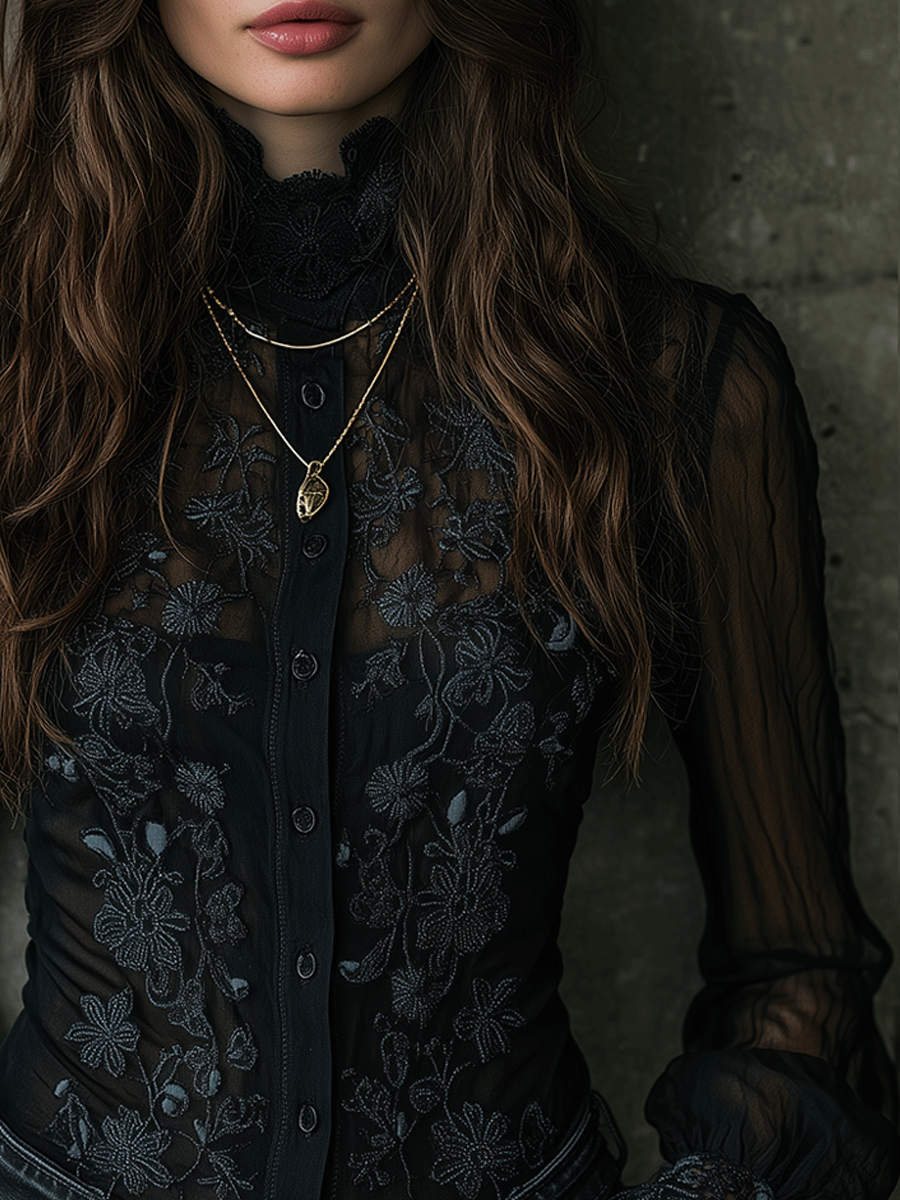 Romance Black Elegance High-Neck Lace Sheer Blouse