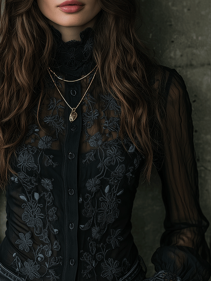 Romance Black Elegance High-Neck Lace Sheer Blouse