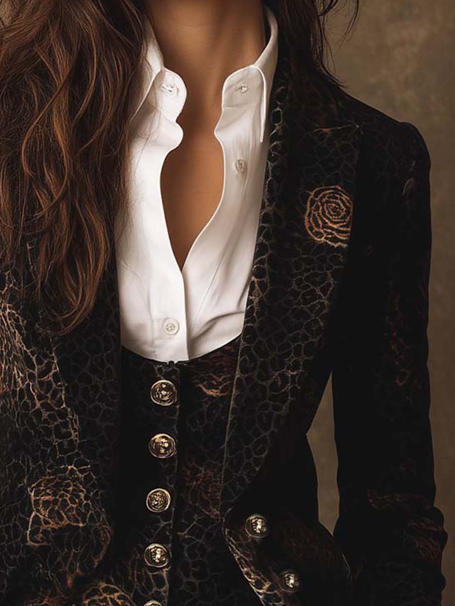Velvet Leopard-Rose Print Tailored Blazer — Dark Romance Edition