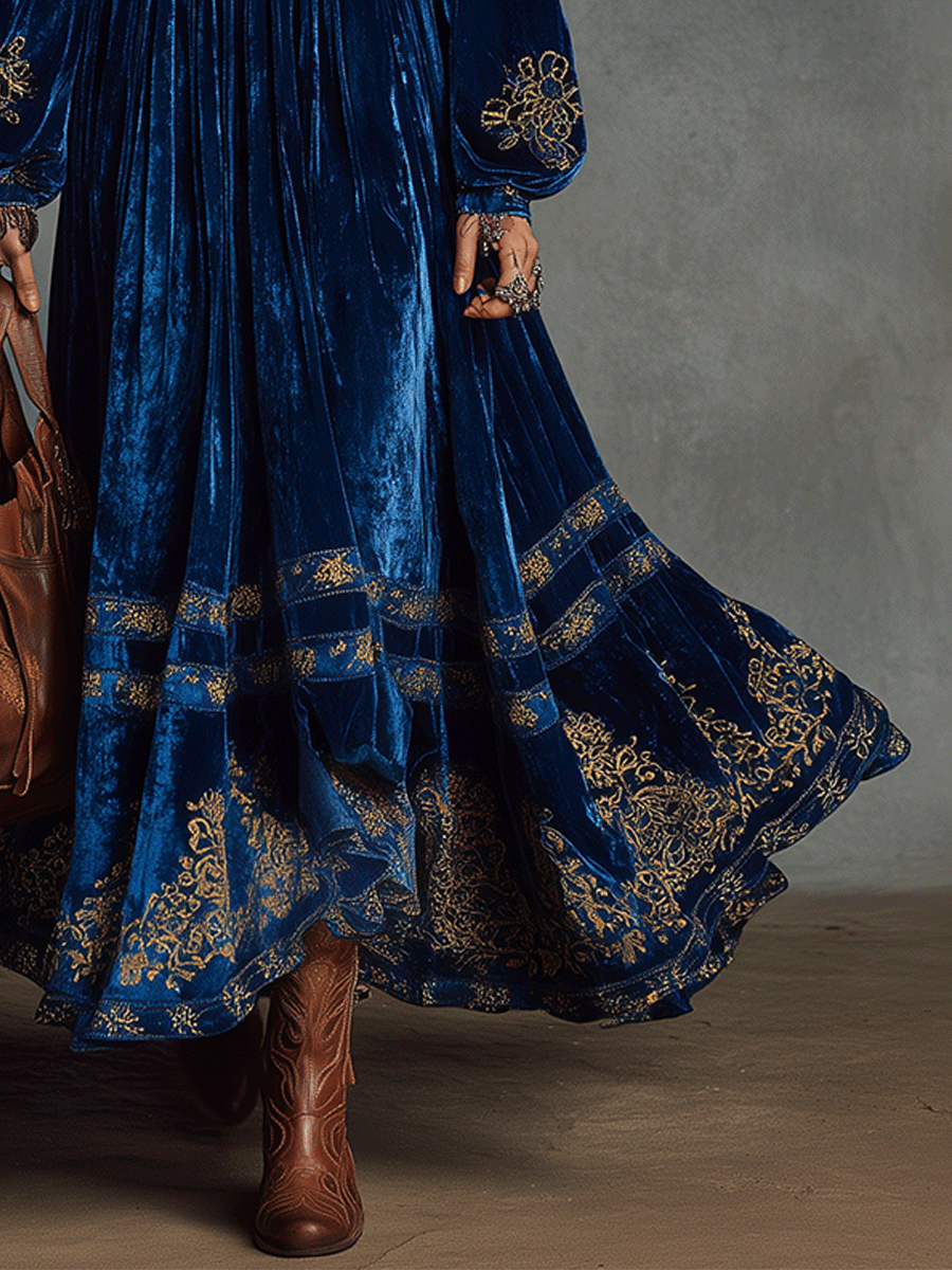 Vintage Bohemian Sapphire Velvet Maxi Dress