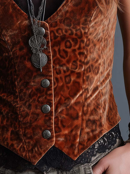 Caramel Velvet Leopard Lace Button Vest