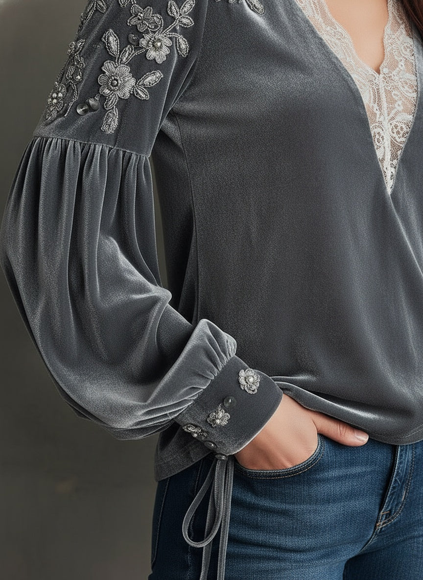 Elegant Velvet Embroidered Lace Keyhole Blouse