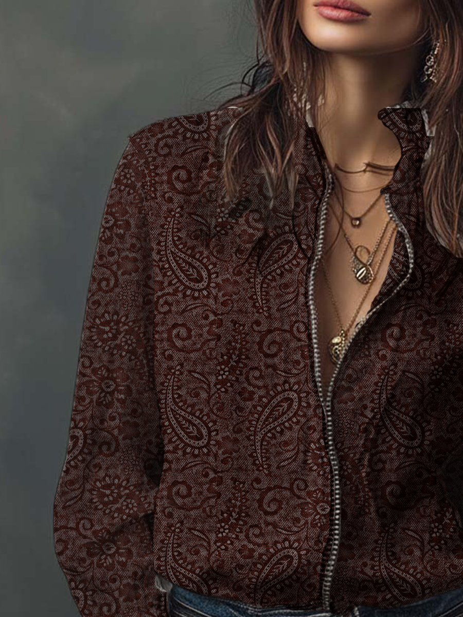 Retro Paisley Mesh Ruffle Sleeve Blouse