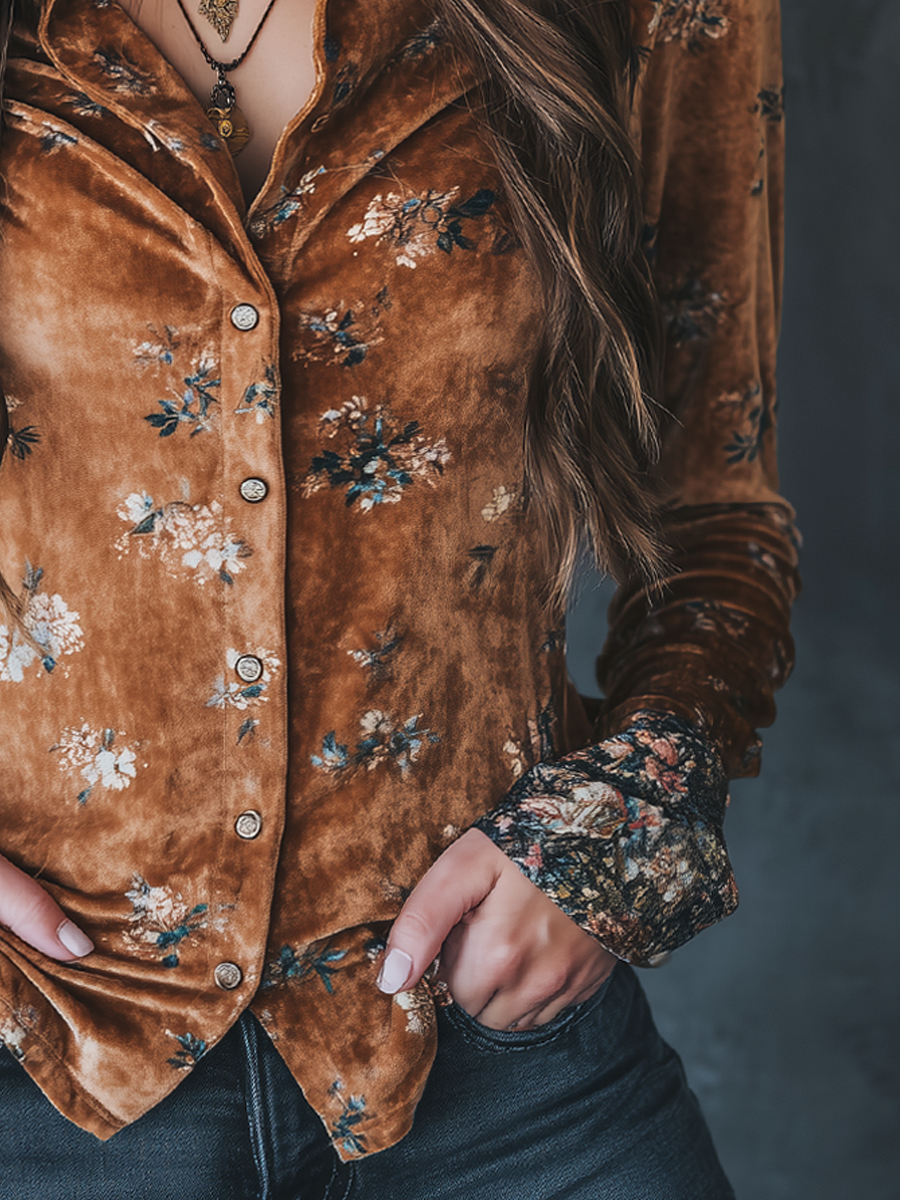 Vintage Floral Velvet Long-Sleeved Blouse