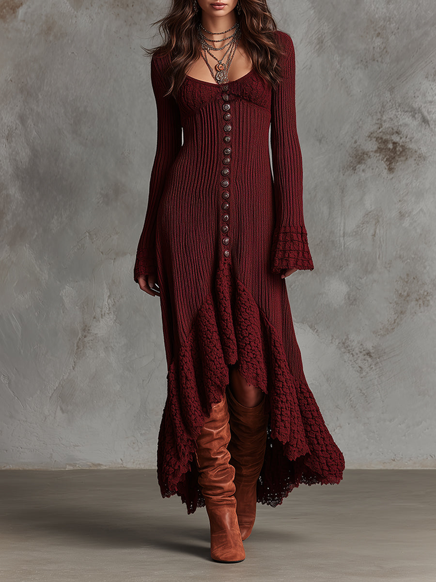 Vintage Luxe Lace-Edge Textured Knit Maxi Dress