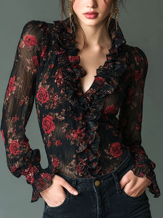 Romantic Ruffled Black Rose Floral Print Blouse
