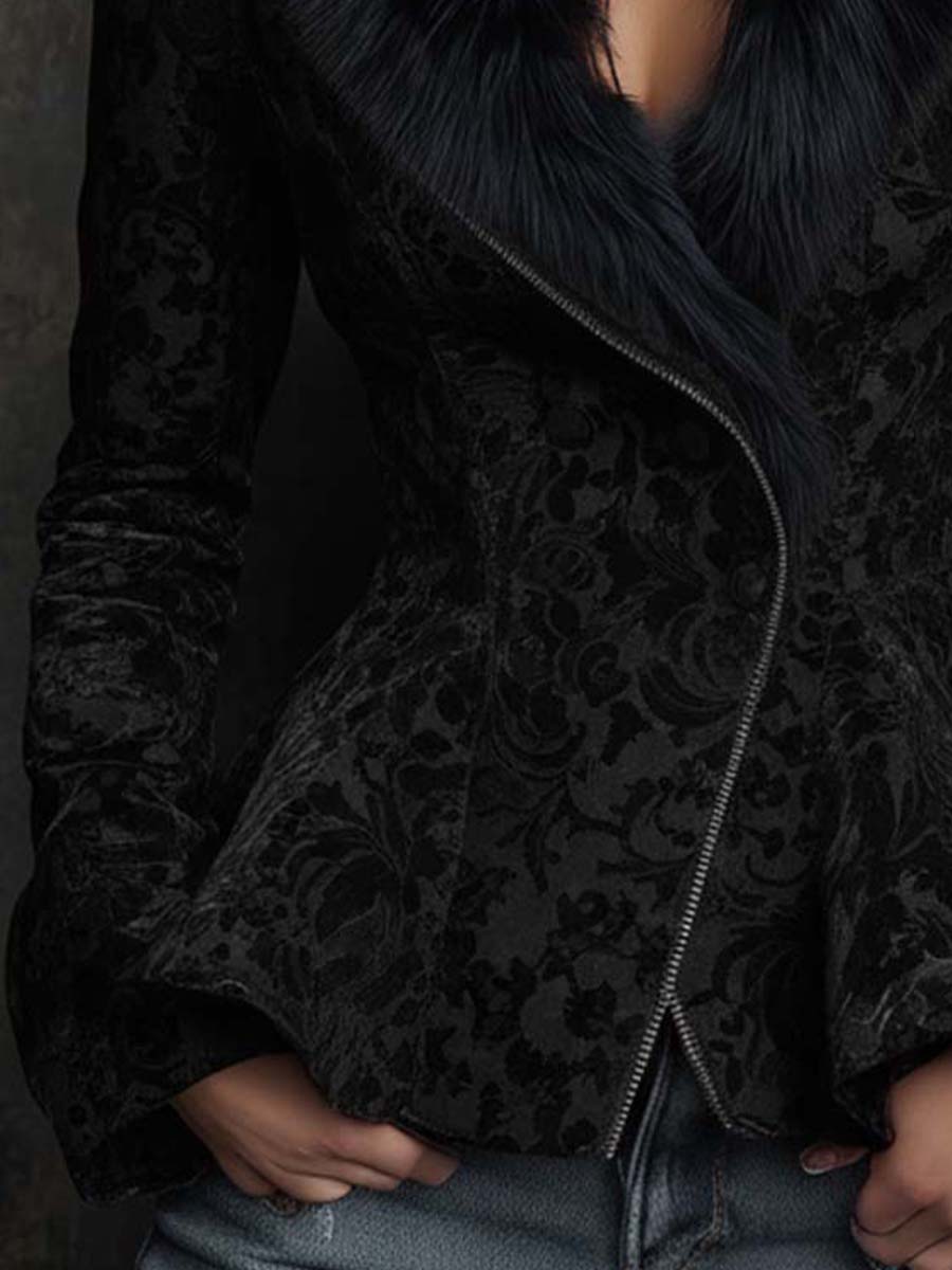Black Jacquard Peplum Jacket With Velvet Collar