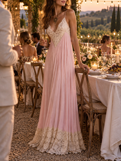 Pink Lace Trim Pleated Maxi Dress