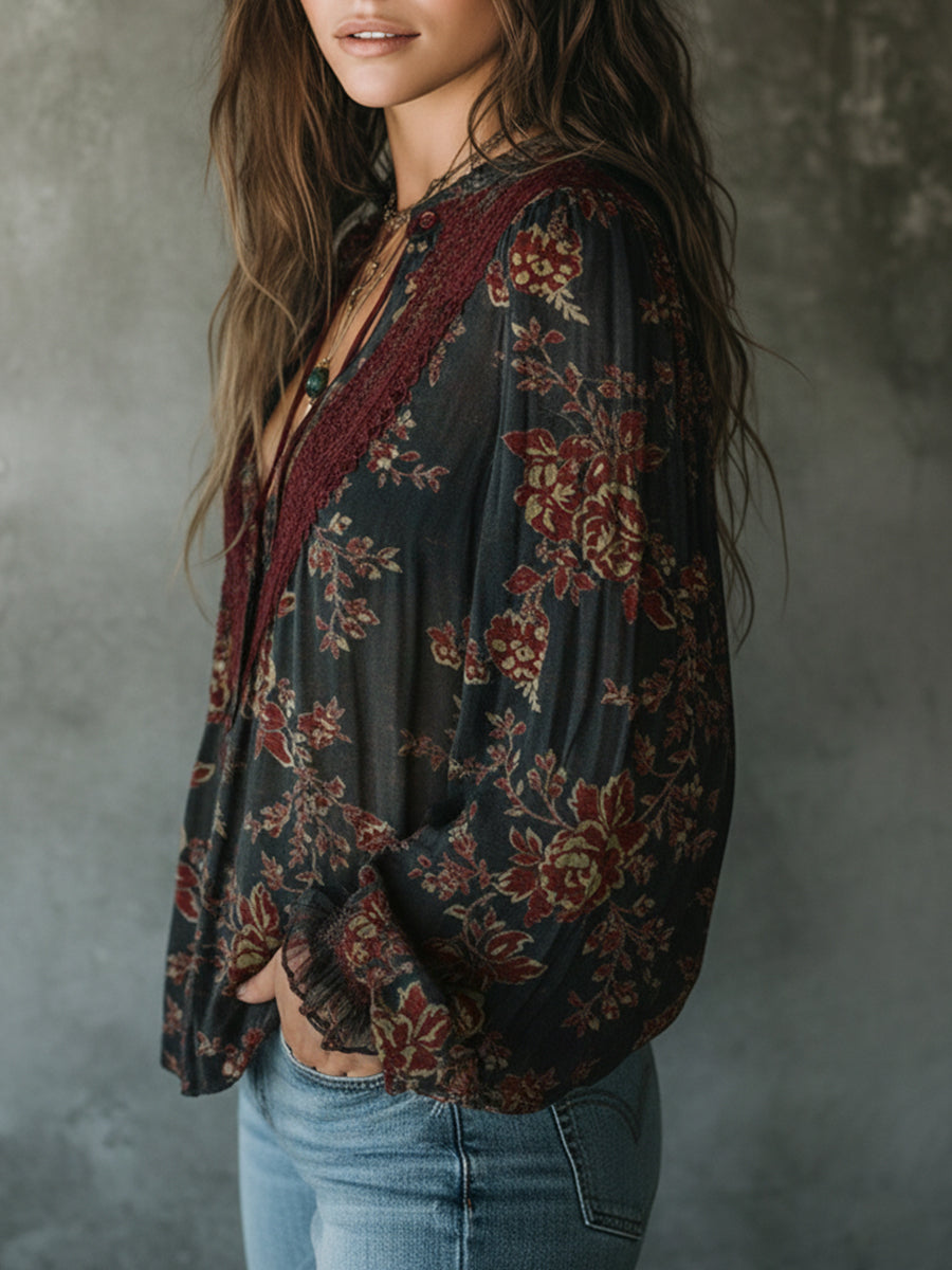 Vintage Floral Jacquard Mixed Cotton Lace Loose Blouse