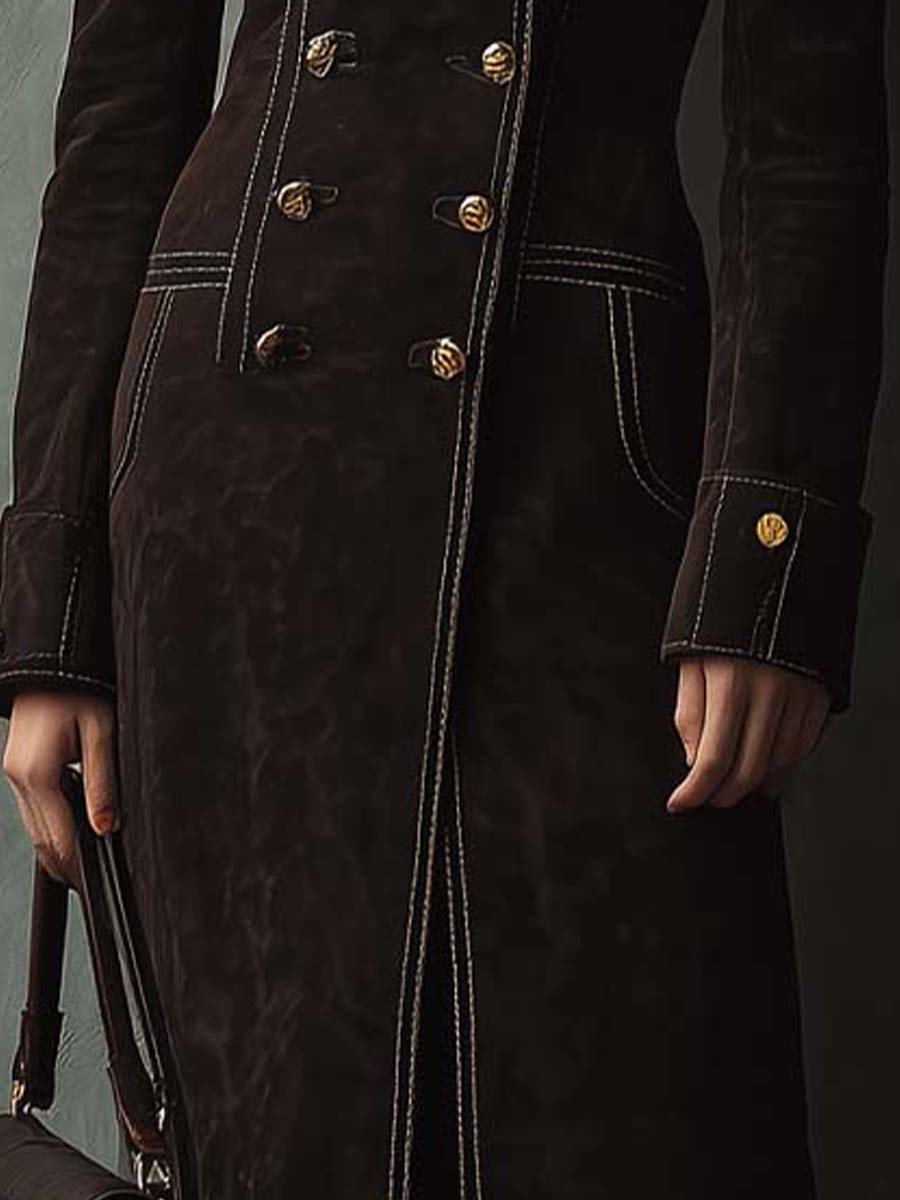 Vintage Dark Brown Eco-Suede Coat With Faux Fur Collar And Contrast Stitching