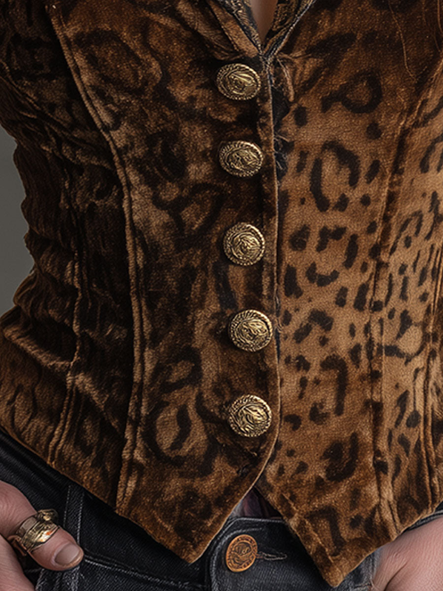 Vintage Leopard Print Gold Velvet Patchwork Vest