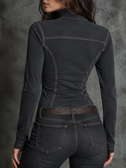 Vintage Washed Cotton Stand-collar Half-zip Long-sleeved T-shirt
