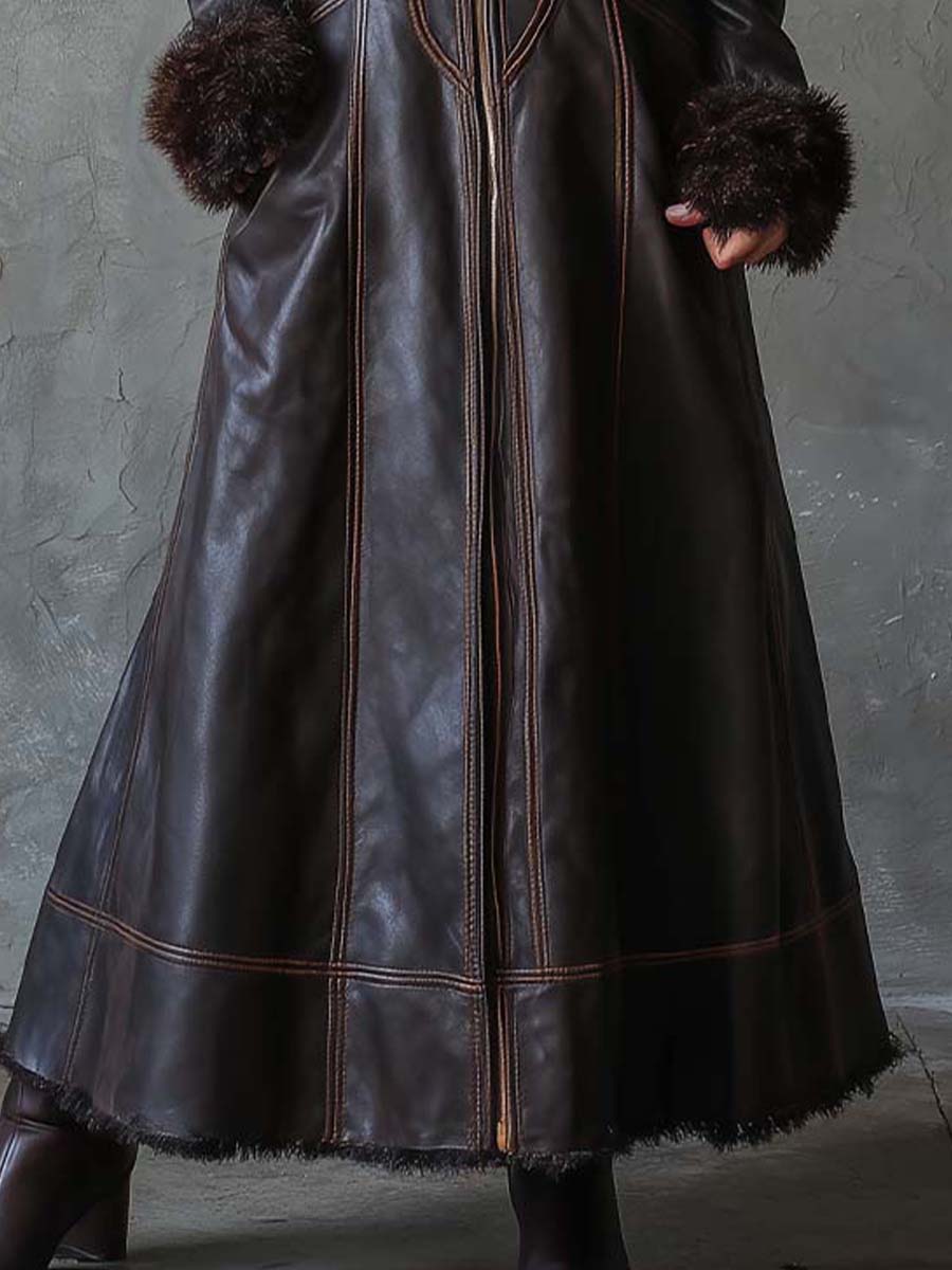 Vintage Brown Eco-Leather Maxi Coat With Fur Trim – Quiet Luxury Toscana Edition