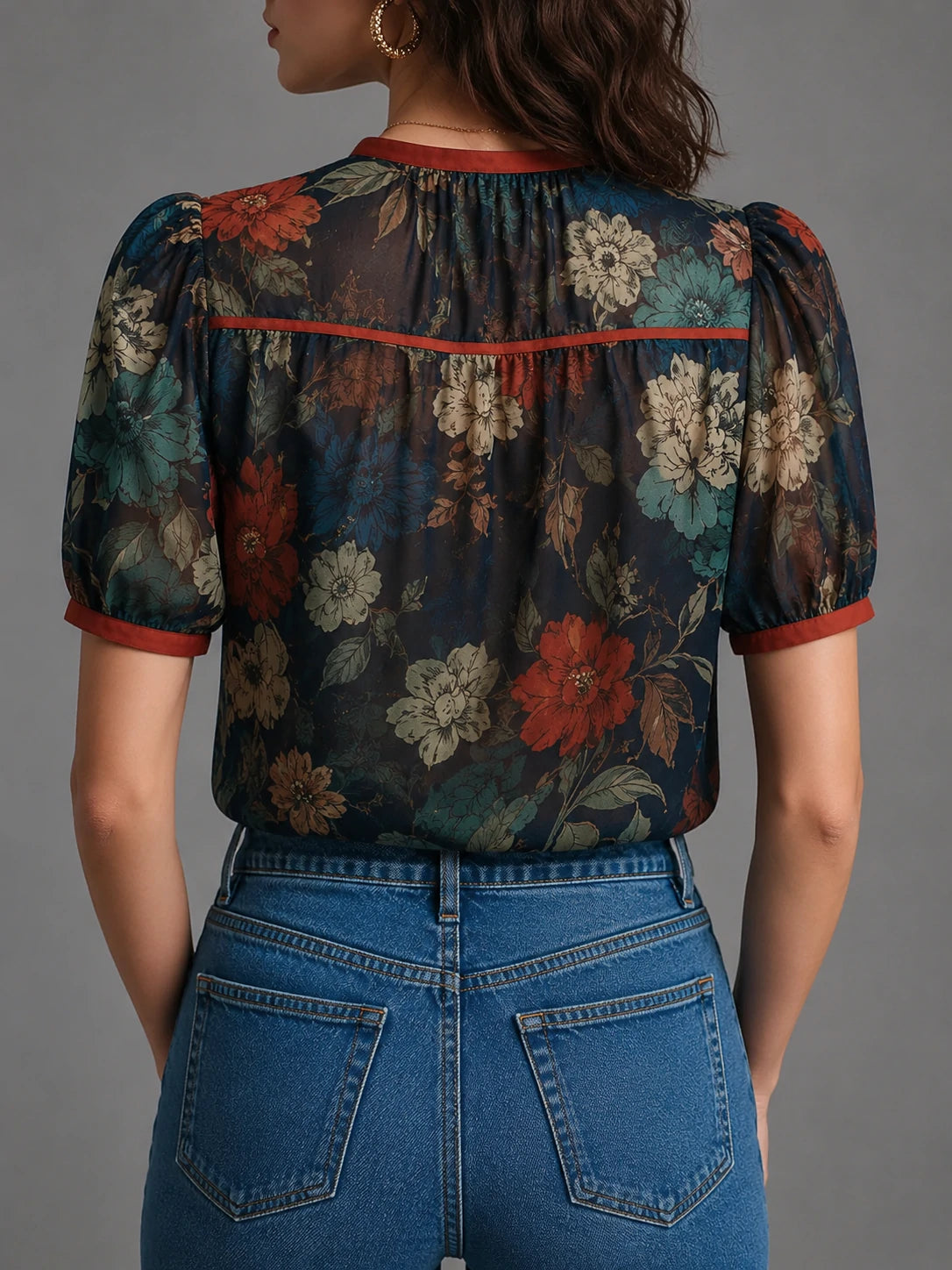 Vintage Botanical Puff Sleeve Blouse