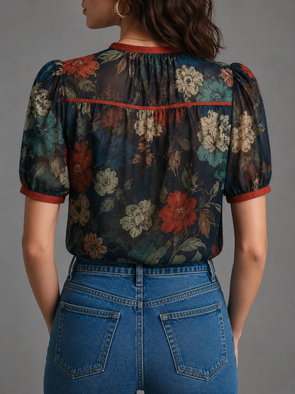Vintage Botanical Puff Sleeve Blouse