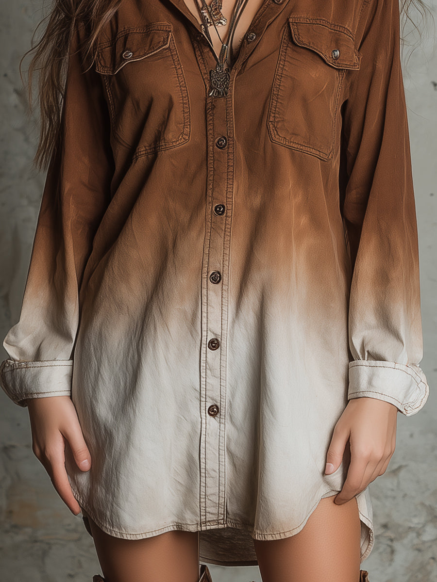 Boho Gradient Washed Denim Shirt Mini Dress