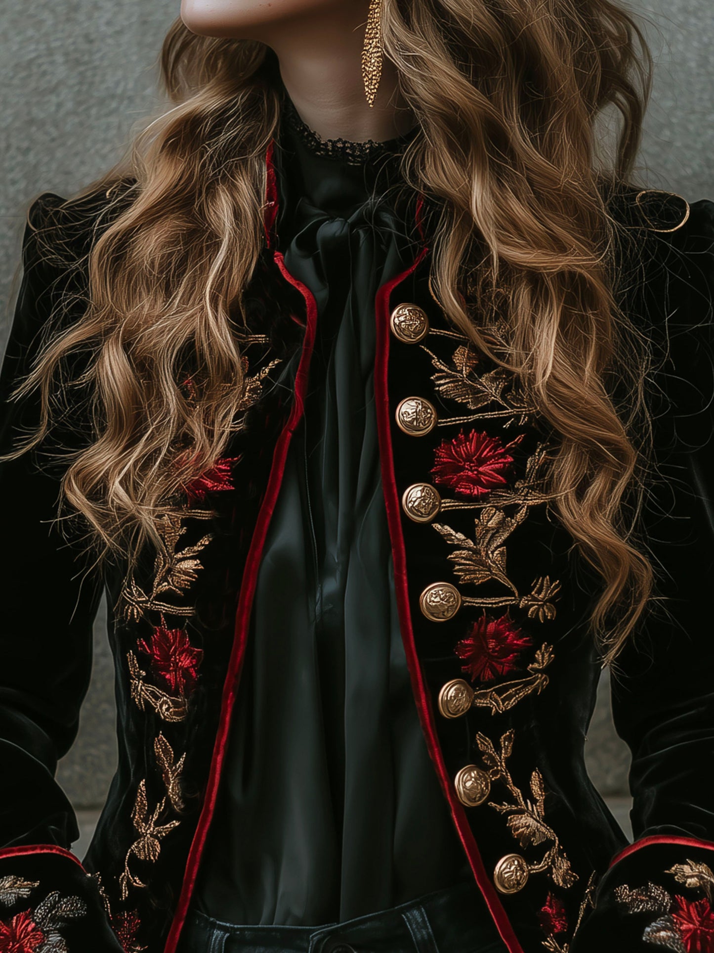 Vintage Black Velvet Embroidered Military Gold Button Blazer