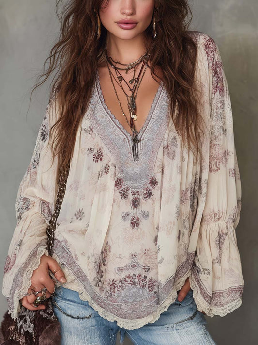 Retro Ethnic Style Trim Floral Chiffon Blouse