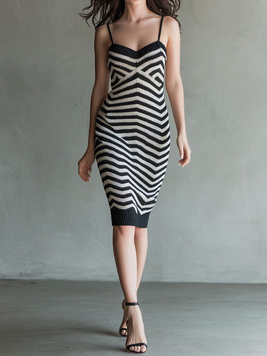 Retro Elegant Black And White Geometric Knit Midi Dress