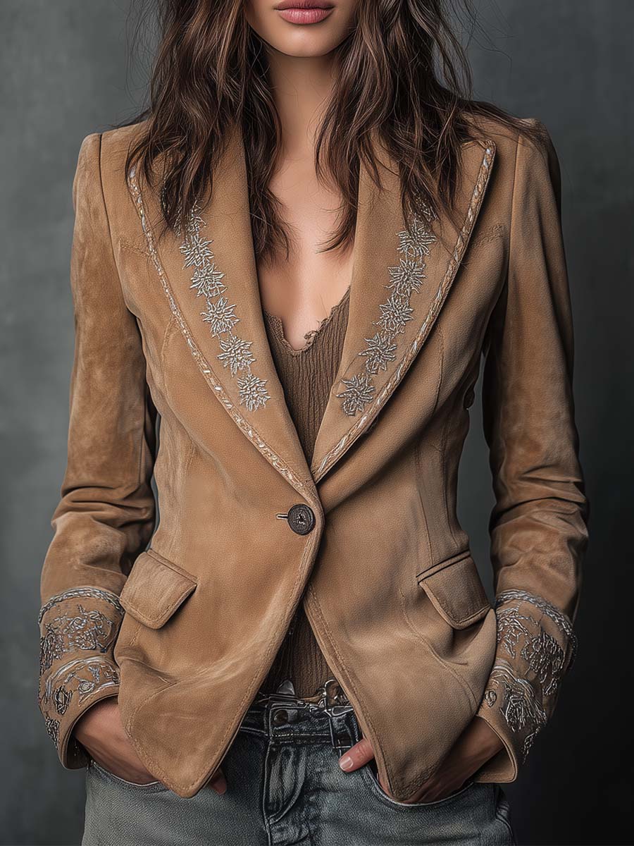 Camel Suede Embroidered Blazer
