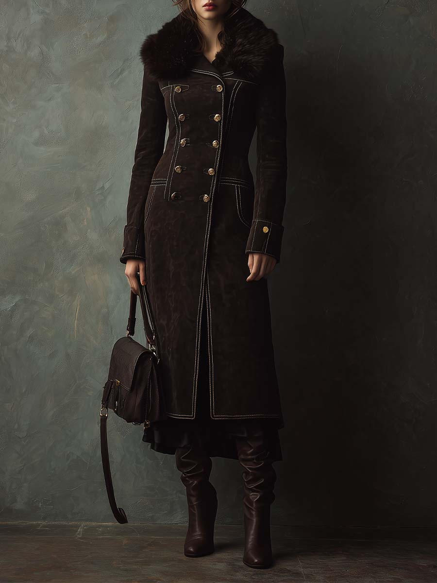 Vintage Dark Brown Eco-Suede Coat With Faux Fur Collar And Contrast Stitching