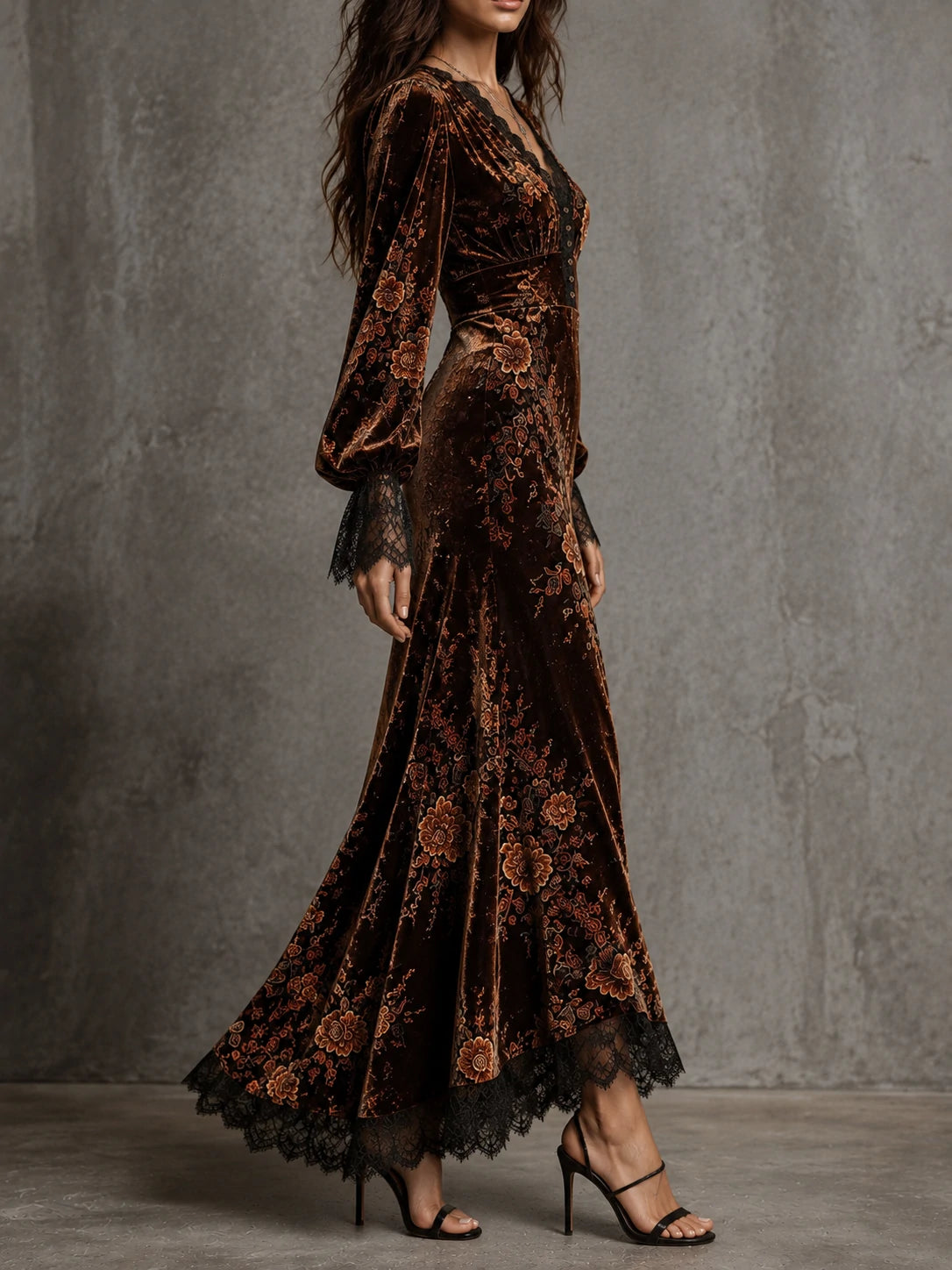 Vintage Velvet Floral Lace V Neck Puff Sleeve Evening Dress
