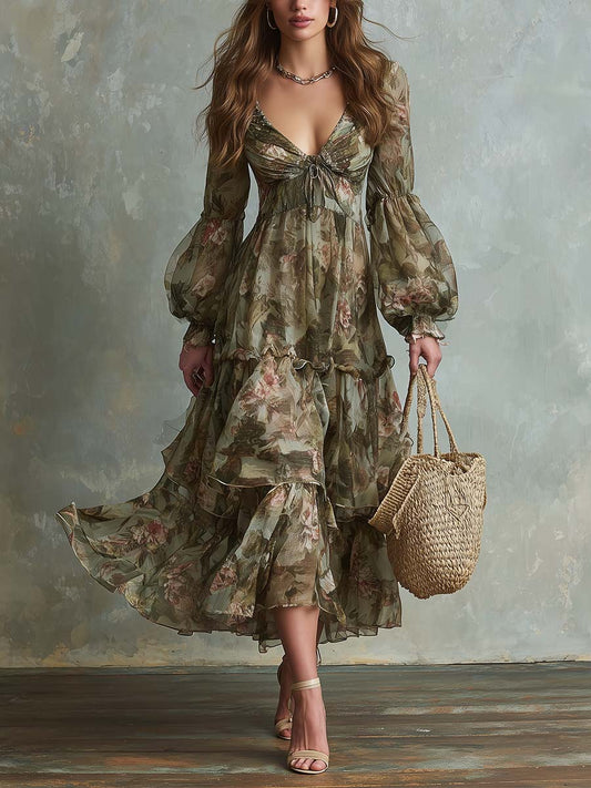 Vintage Floral Chiffon Long-Sleeve Tiered Midi Dress