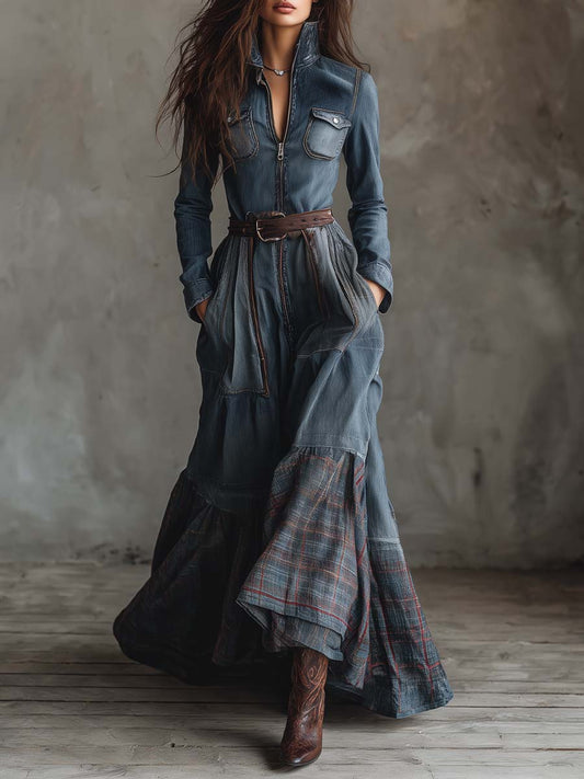 Denim Patchwork Maxi Dress With Plaid Hem