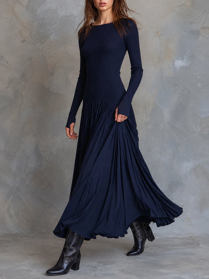 Ribbed Knit And Pleated Chiffon Midi Dress