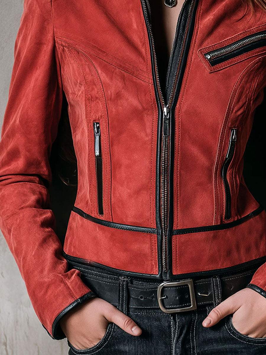 Red Suede Zipper Moto Jacket With Leather Trim