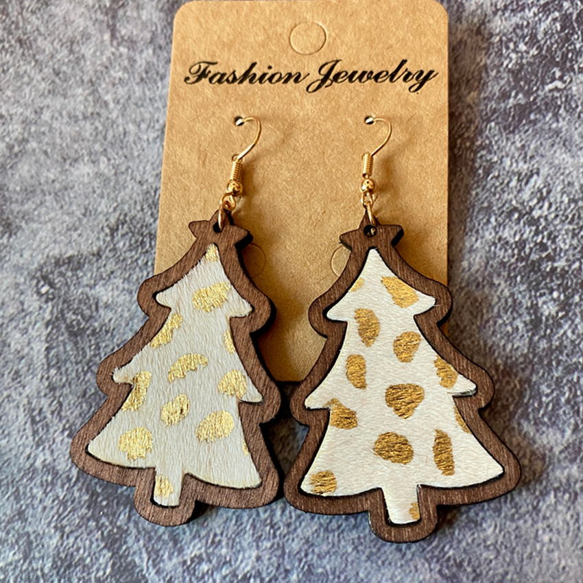 Xmas Tree Wood Bezel Cheetah Print Genuine Leather Christmas Earrings