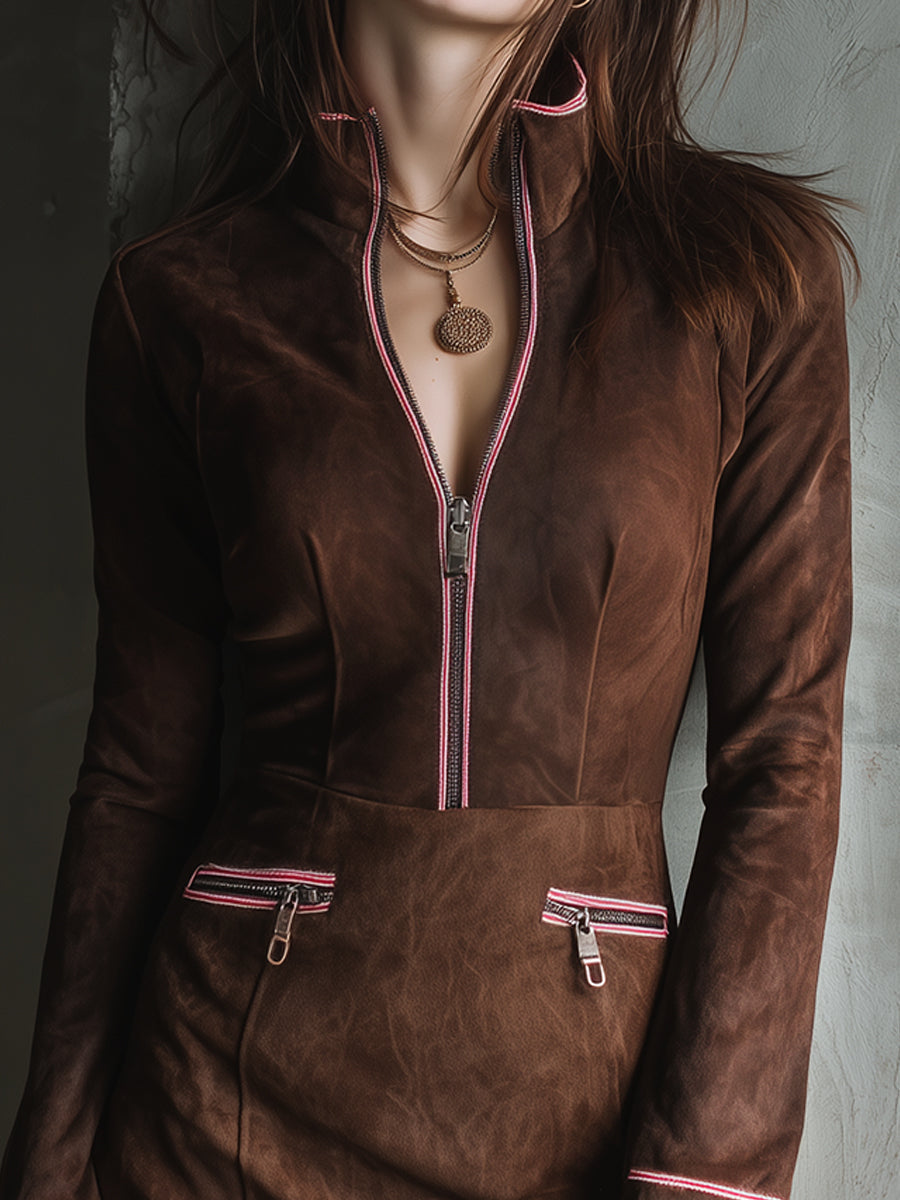 Retro Suede Contrast Half-zip Mini Dress