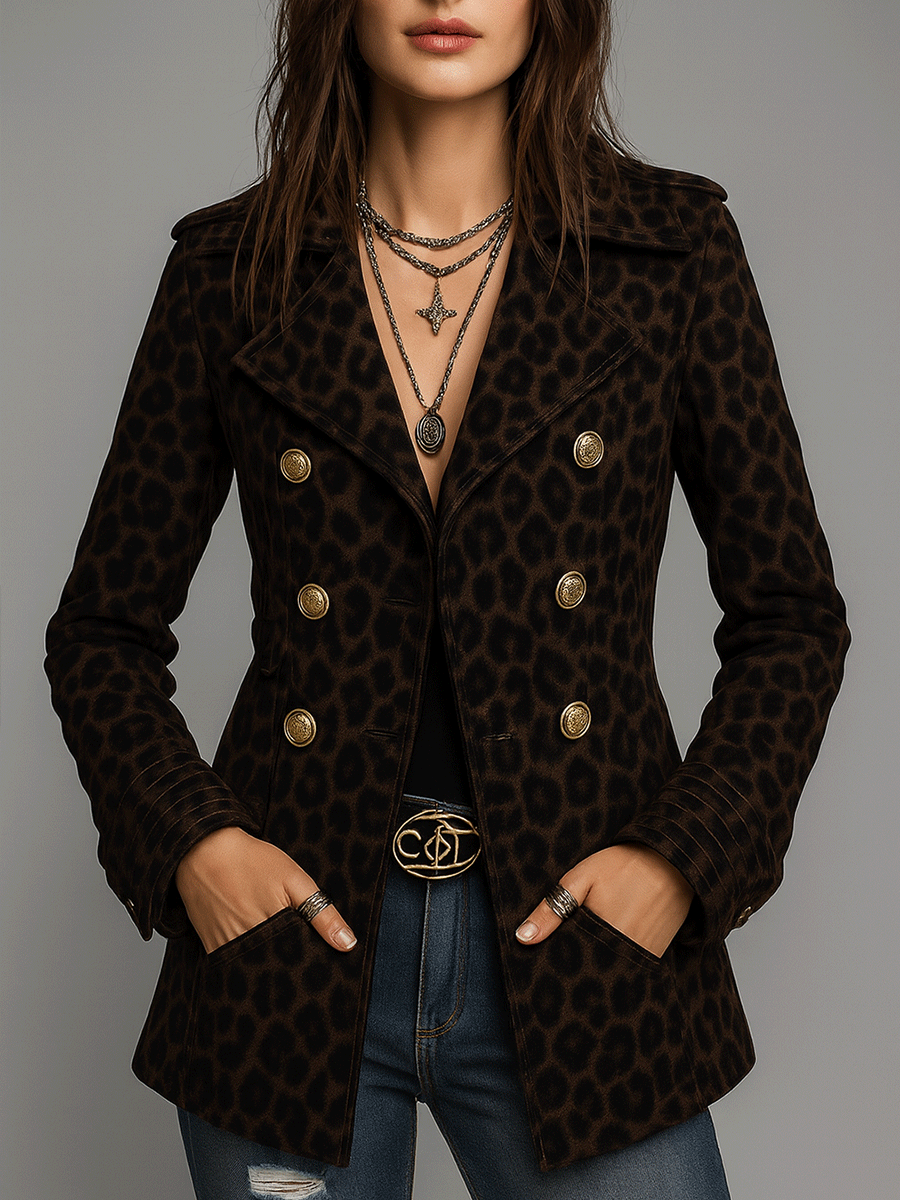 Vintage Leopard Print Faux Leather Jacquard Double-breasted Slim-fit Jacket