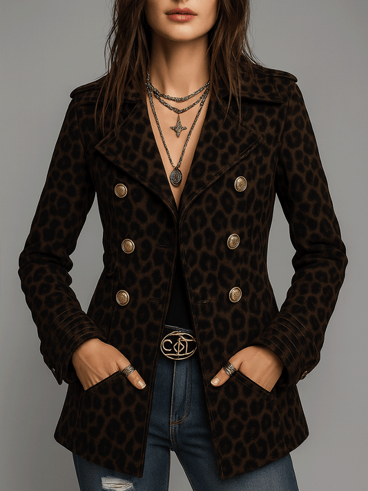 Vintage Leopard Print Faux Leather Jacquard Double-breasted Slim-fit Jacket