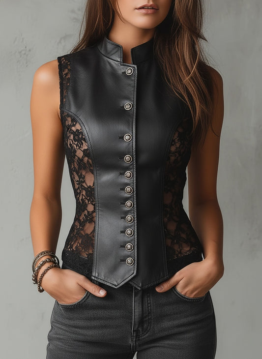 Gothic Elegance Faux Leather & Lace Vest