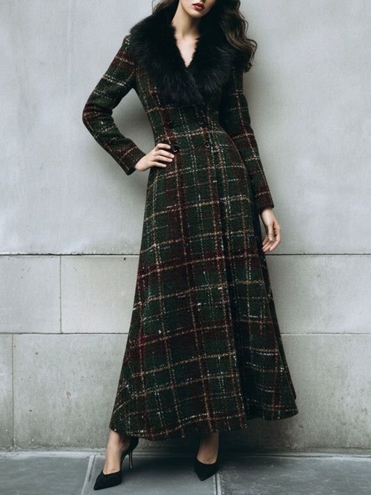 Vintage Plaid Wool Maxi Coat With Eco Fur Collar