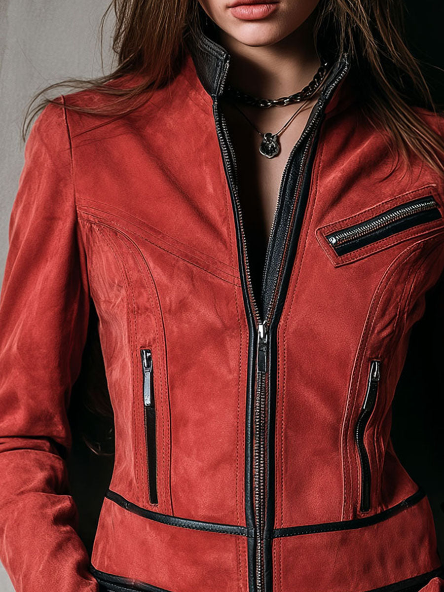 Red Suede Zipper Moto Jacket With Leather Trim