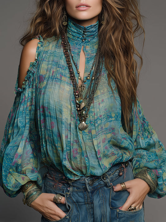 Bohemian Chiffon Off-the-shoulder Blouse With Keyhole Neckline