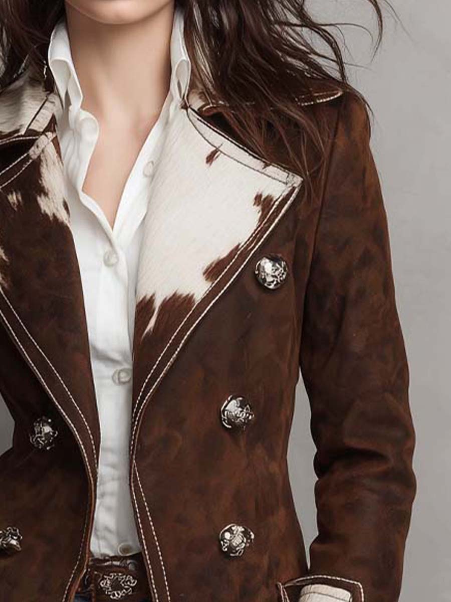 Cow Print Panel Faux Suede Long Coat