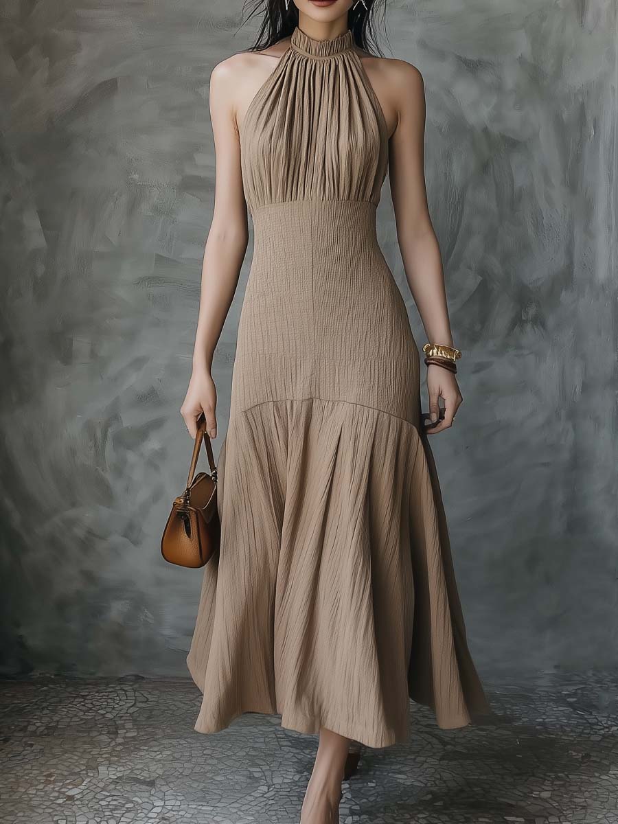 Retro Halter-neck Flare Hem Midi Dress