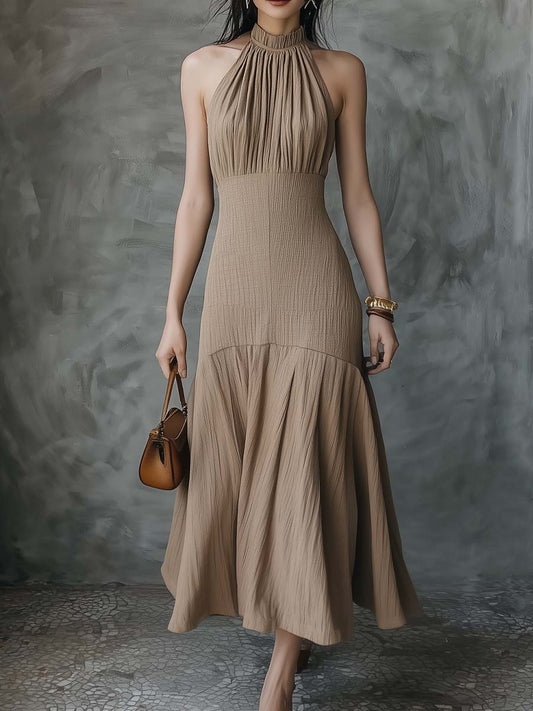 Retro Halter-neck Flare Hem Midi Dress