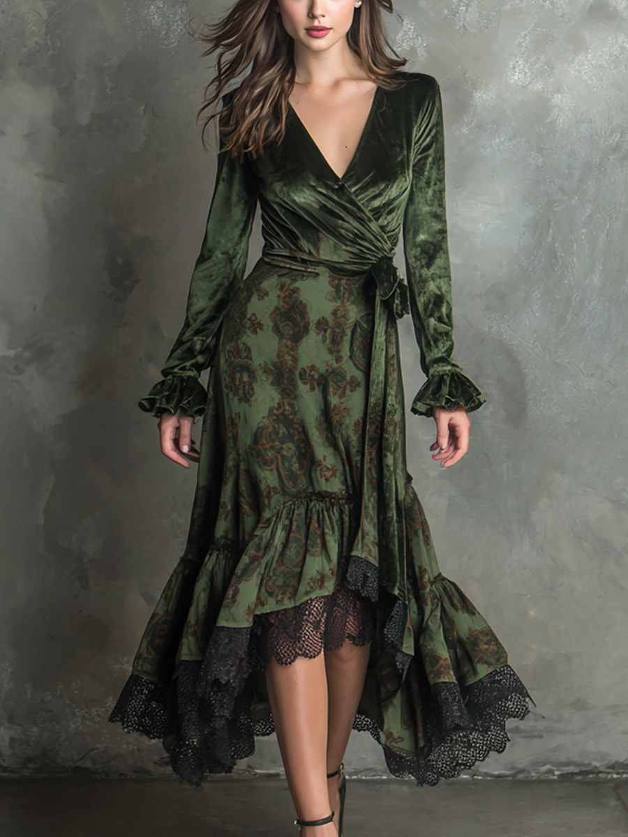 Vintage Lace Trim Polyester Velvet Satin Midi Dress